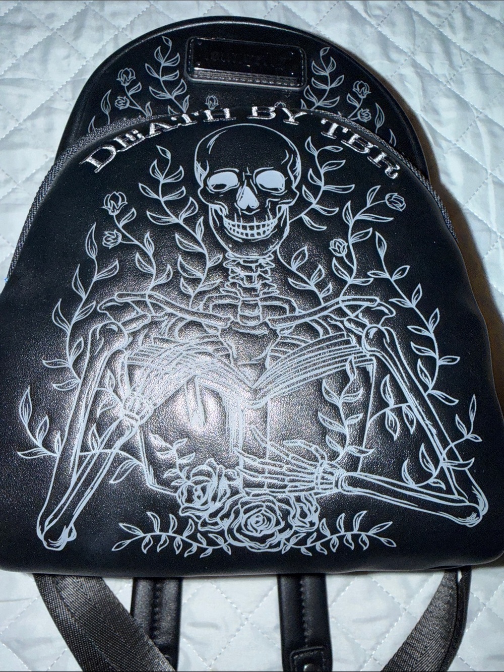 Loungefly Black 'Death By TBR' Skeleton Embossed Mini Backpack - Picture 2 of 9